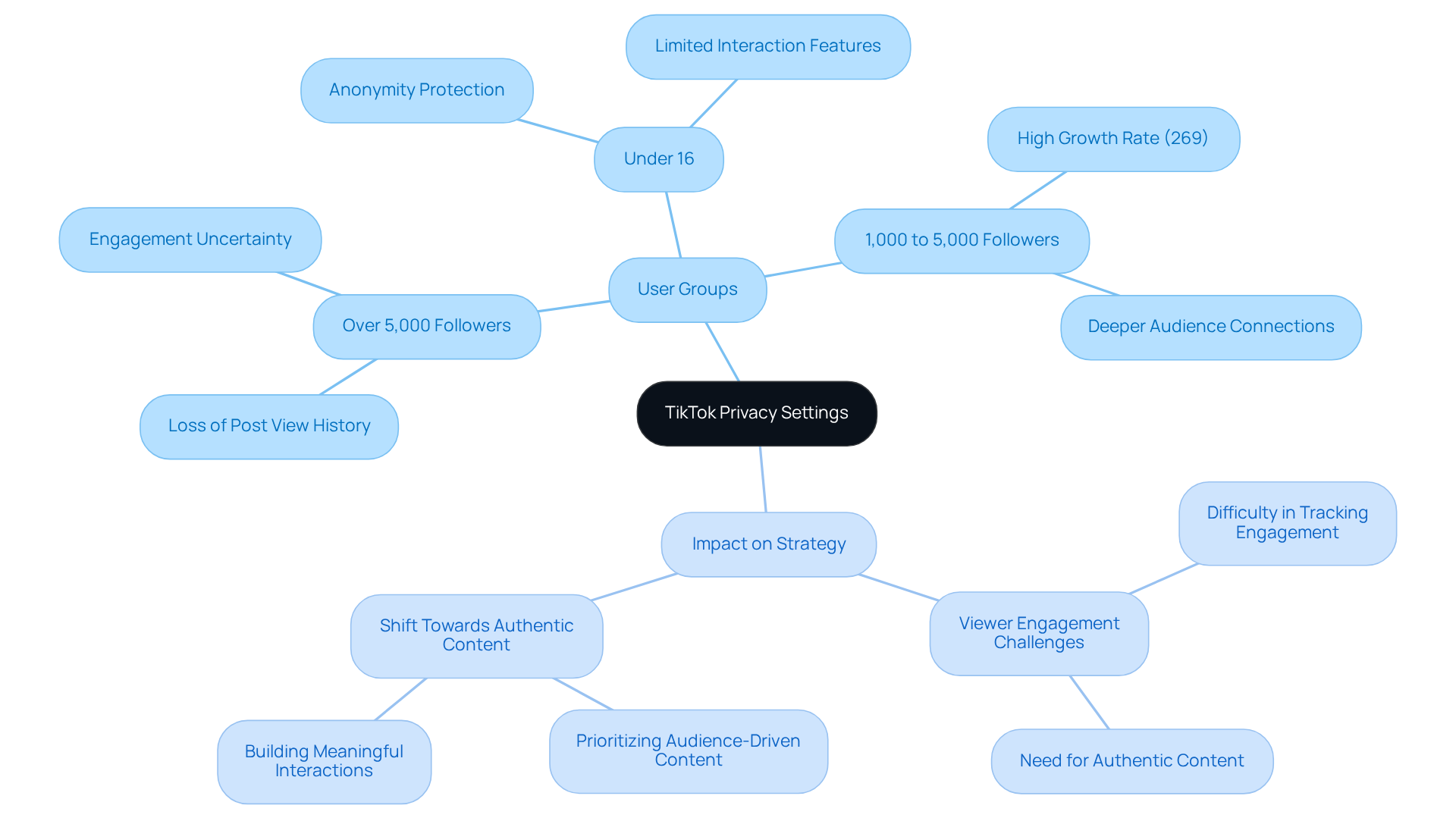 The center shows TikTok's privacy settings, with branches illustrating how different user groups are affected and how they must adapt their strategies to engage audiences meaningfully.