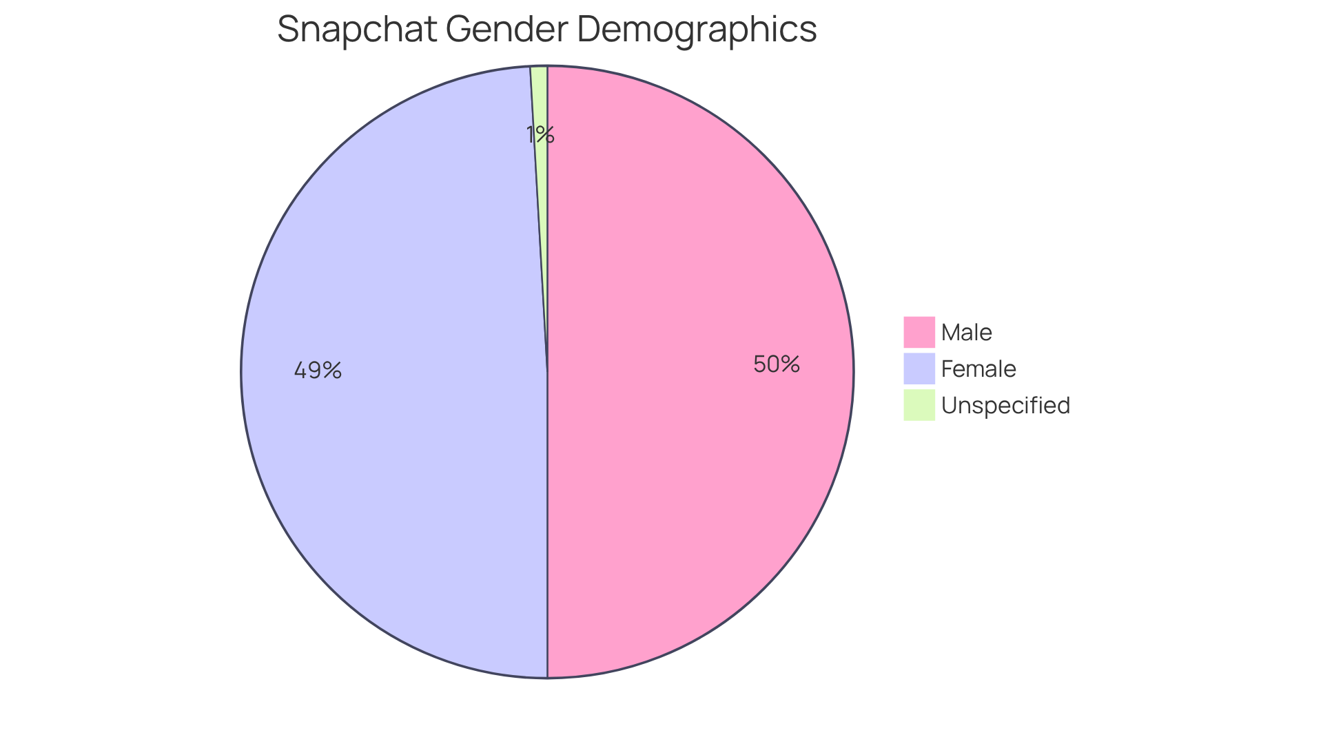 Each slice of the pie represents a gender group among Snapchat users. The larger the slice, the more users belong to that group. This helps brands understand the audience they are targeting.
