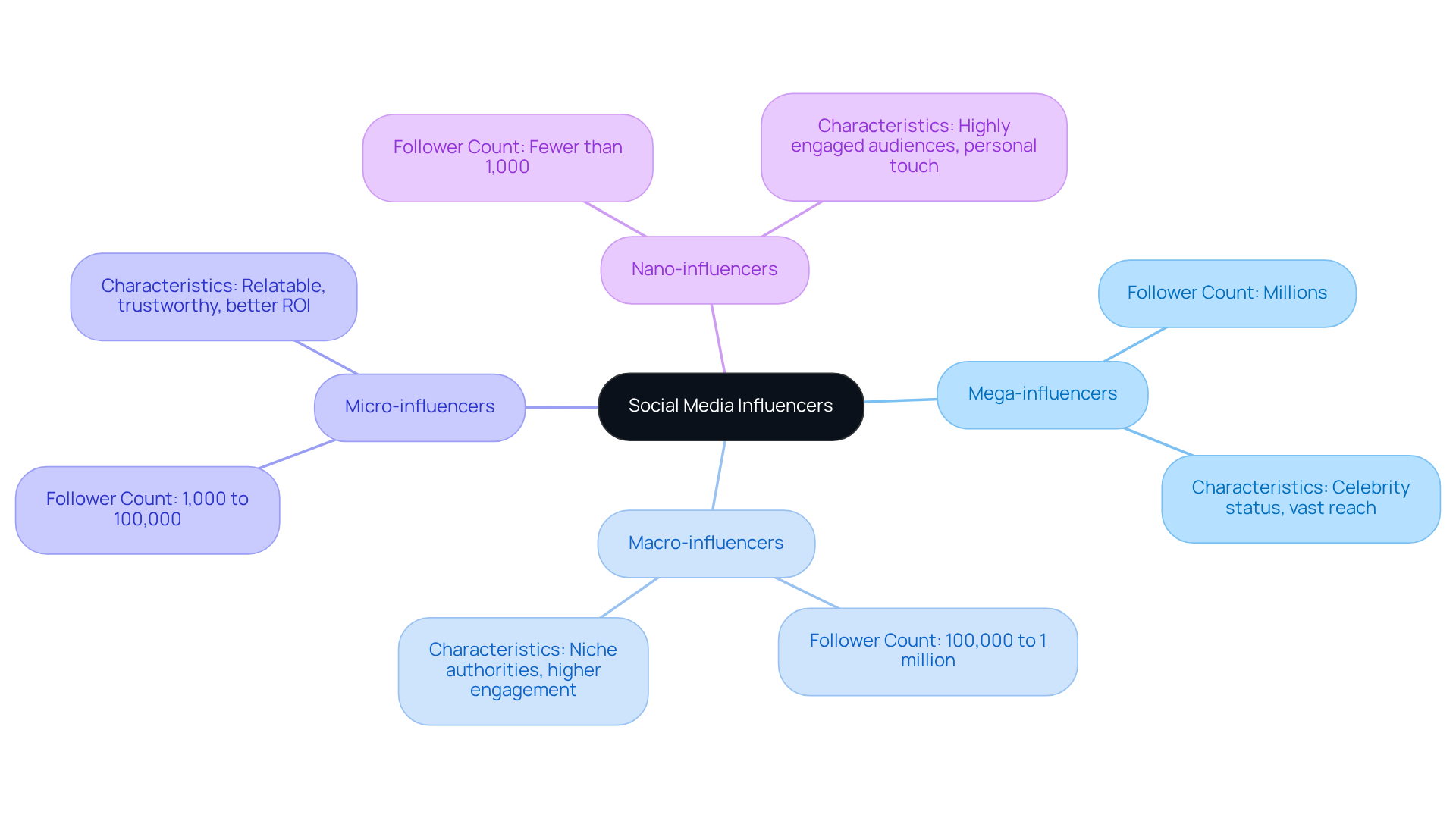 The central node represents social media influencers, while the branches show different types based on follower count. Each type has unique characteristics that influence marketing strategies.