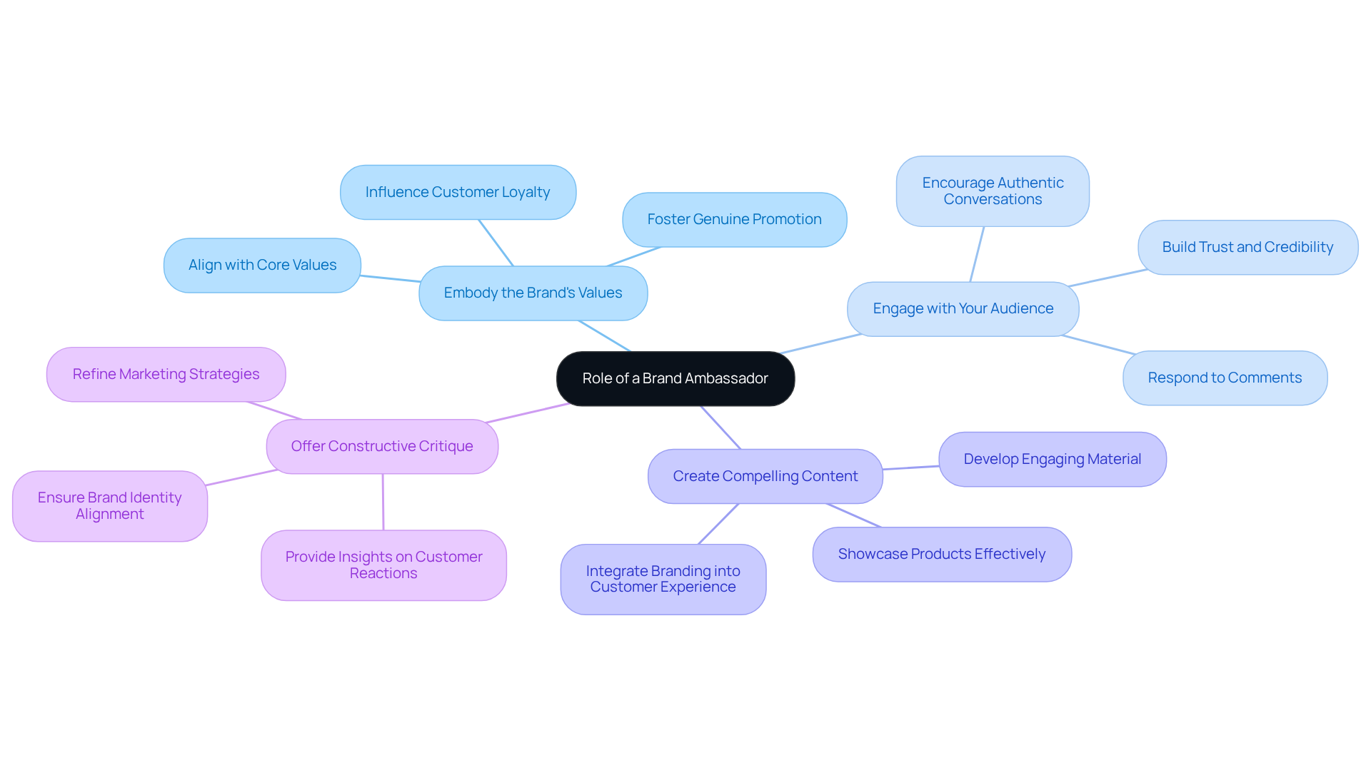 The central node represents the overall role, while each branch details a specific responsibility. Follow the branches to understand how each duty contributes to being an effective brand ambassador.