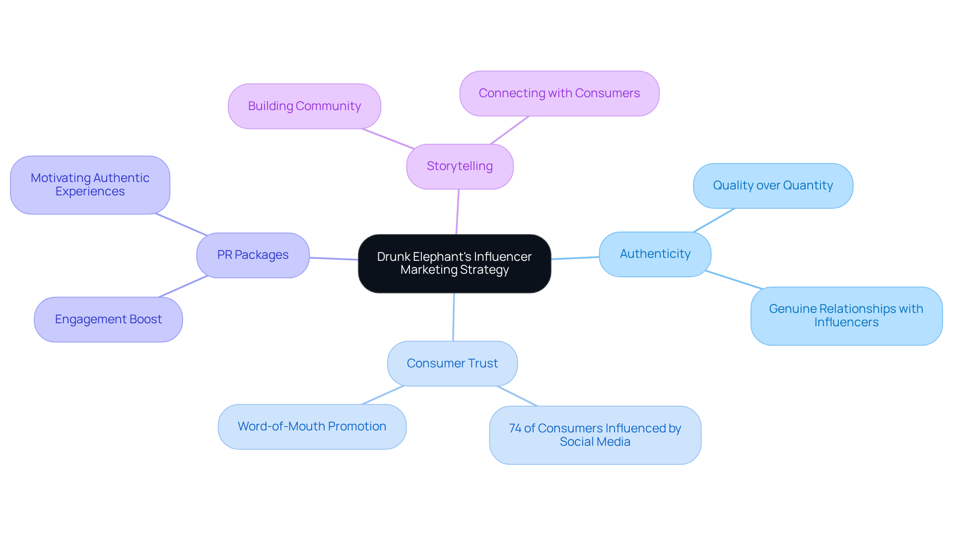 Start at the center with the main strategy, then follow the branches to explore how authenticity, trust, and PR packages contribute to Drunk Elephant's success in influencer marketing.