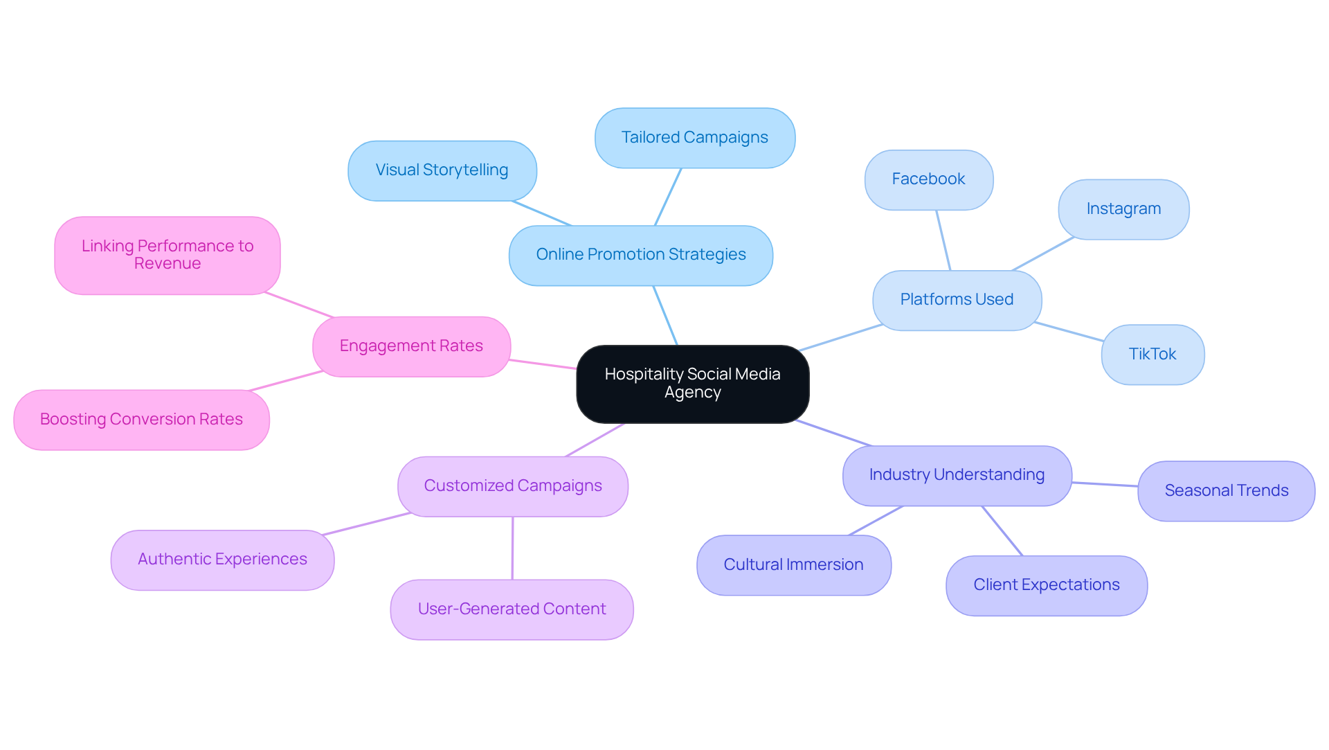 The center represents the agency itself, while the branches show different aspects of its role and strategies. Each color-coded branch helps you navigate through the various components that make up the agency's focus and expertise.