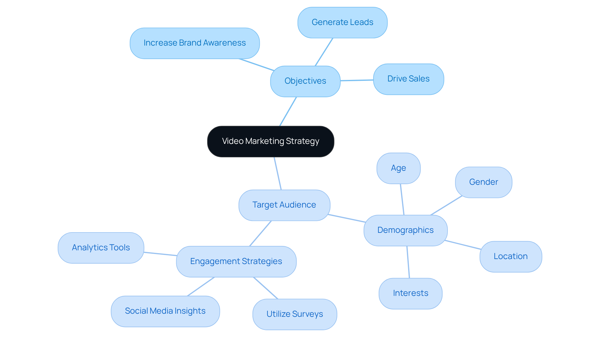 The center represents your overall strategy, with branches showing your goals and who you're targeting. Each sub-branch gives more detail about what you need to consider for effective video marketing.