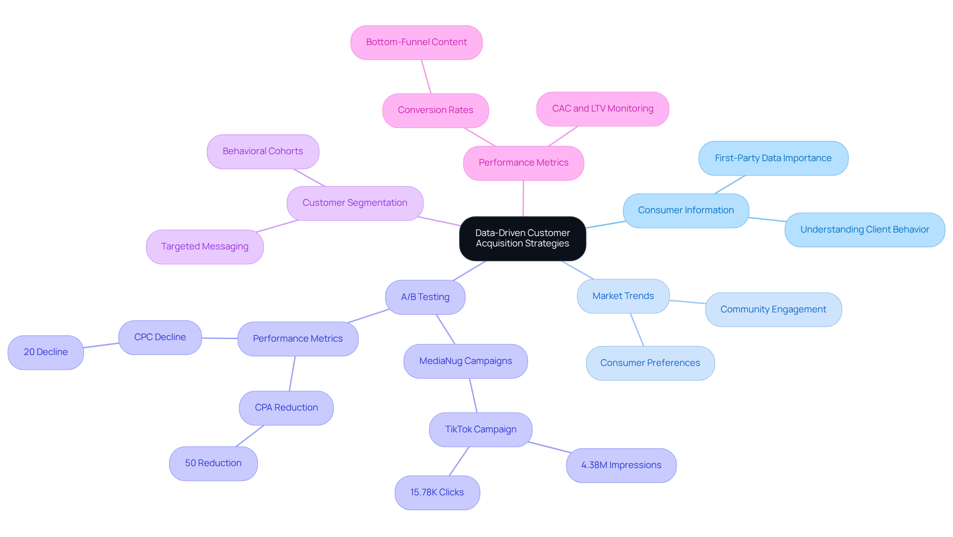 The central node represents the main theme of enhancing customer acquisition through data. Each branch shows a different strategy or technique, and the sub-branches provide specific examples or results, helping you see how these strategies connect and contribute to success. The central node represents the main theme of enhancing customer acquisition through data. Each branch shows a different strategy or technique, and the sub-branches provide specific examples or results, helping you see how these strategies connect and contribute to success.