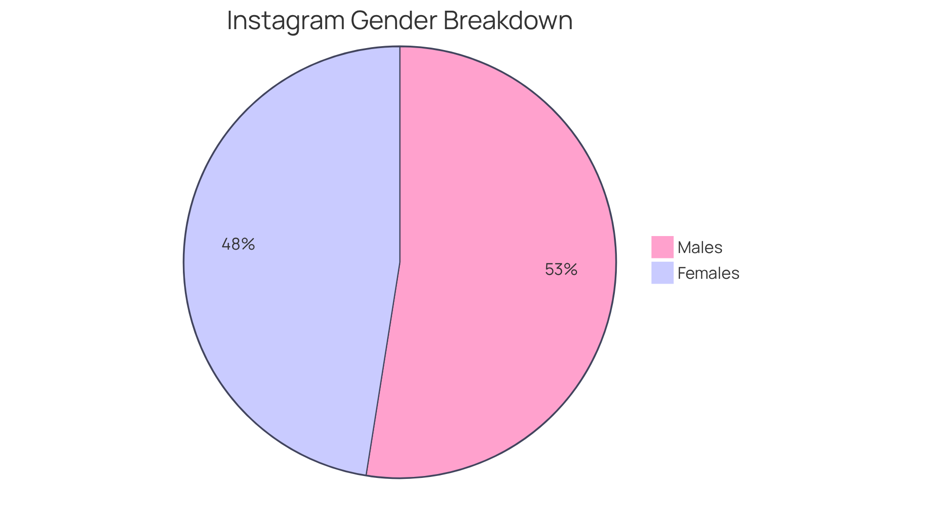This pie chart shows the percentage of Instagram users by gender. The blue slice represents males, while the pink slice represents females. The size of each slice indicates how many users identify with that gender - the larger the slice, the more users belong to that group. This pie chart shows the percentage of Instagram users by gender. The blue slice represents males, while the pink slice represents females. The size of each slice indicates how many users identify with that gender - the larger the slice, the more users belong to that group.