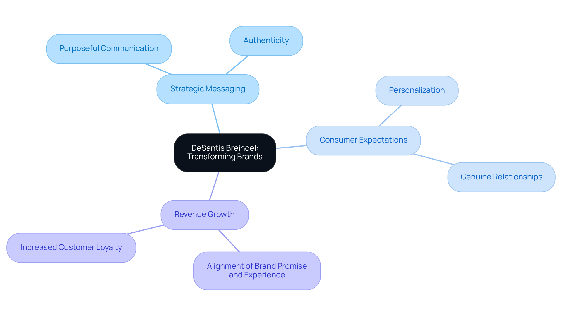 The center represents the main focus on brand transformation, while the branches show how strategic messaging, consumer expectations, and revenue growth are interconnected. Each sub-branch highlights specific aspects that contribute to the overall strategy. The center represents the main focus on brand transformation, while the branches show how strategic messaging, consumer expectations, and revenue growth are interconnected. Each sub-branch highlights specific aspects that contribute to the overall strategy.