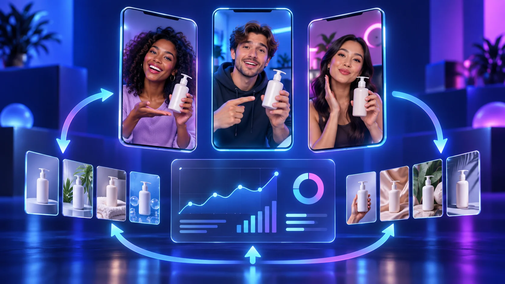 Creator videos connected to creative variations and a paid social performance dashboard