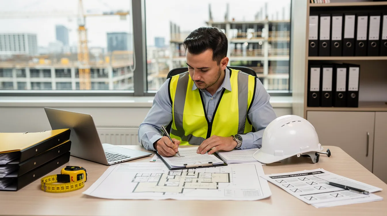 Un professionnel du bâtiment est assis à un bureau, entouré de documents administratifs liés à la gestion des déchets sur les chantiers. Il prépare des rapports pour les entreprises du secteur, mettant en avant l'importance de l'éco contribution et de la réglementation sur la valorisation des matériaux.