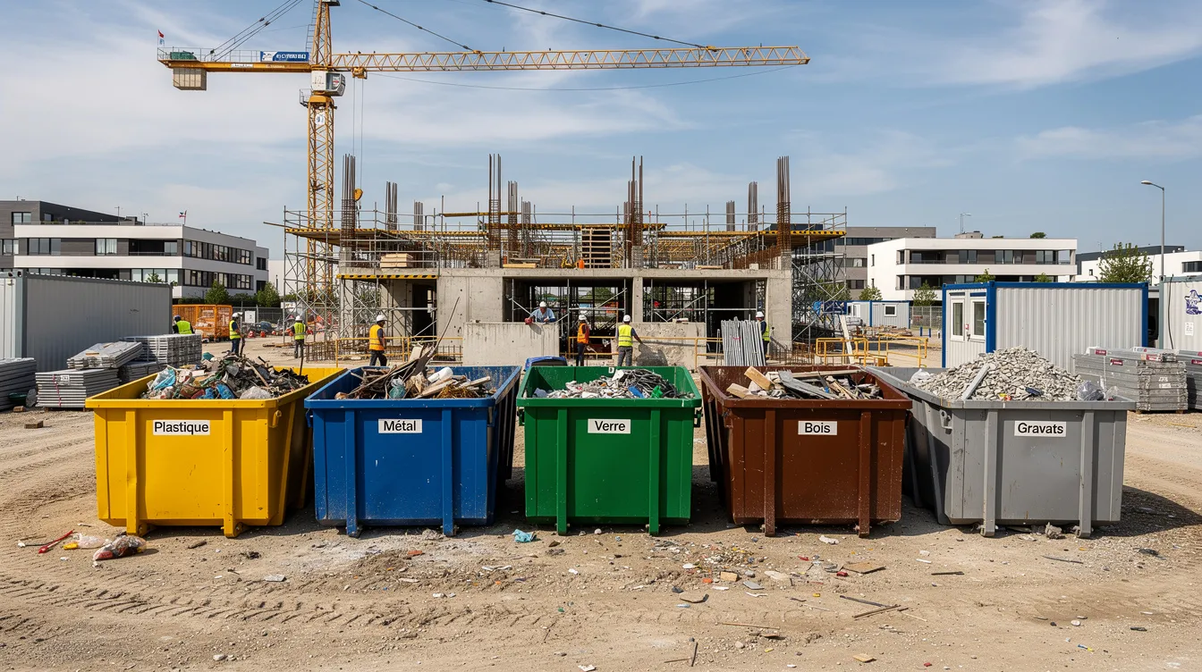 L'image montre un chantier de construction avec plusieurs bennes de tri de déchets de différentes couleurs, symbolisant la gestion des déchets et le recyclage, essentiels pour les entreprises du secteur du bâtiment. Ces bennes permettent de respecter la réglementation sur l'éco contribution et d'optimiser le traitement des déchets tout en contribuant à la transition vers une économie plus durable.