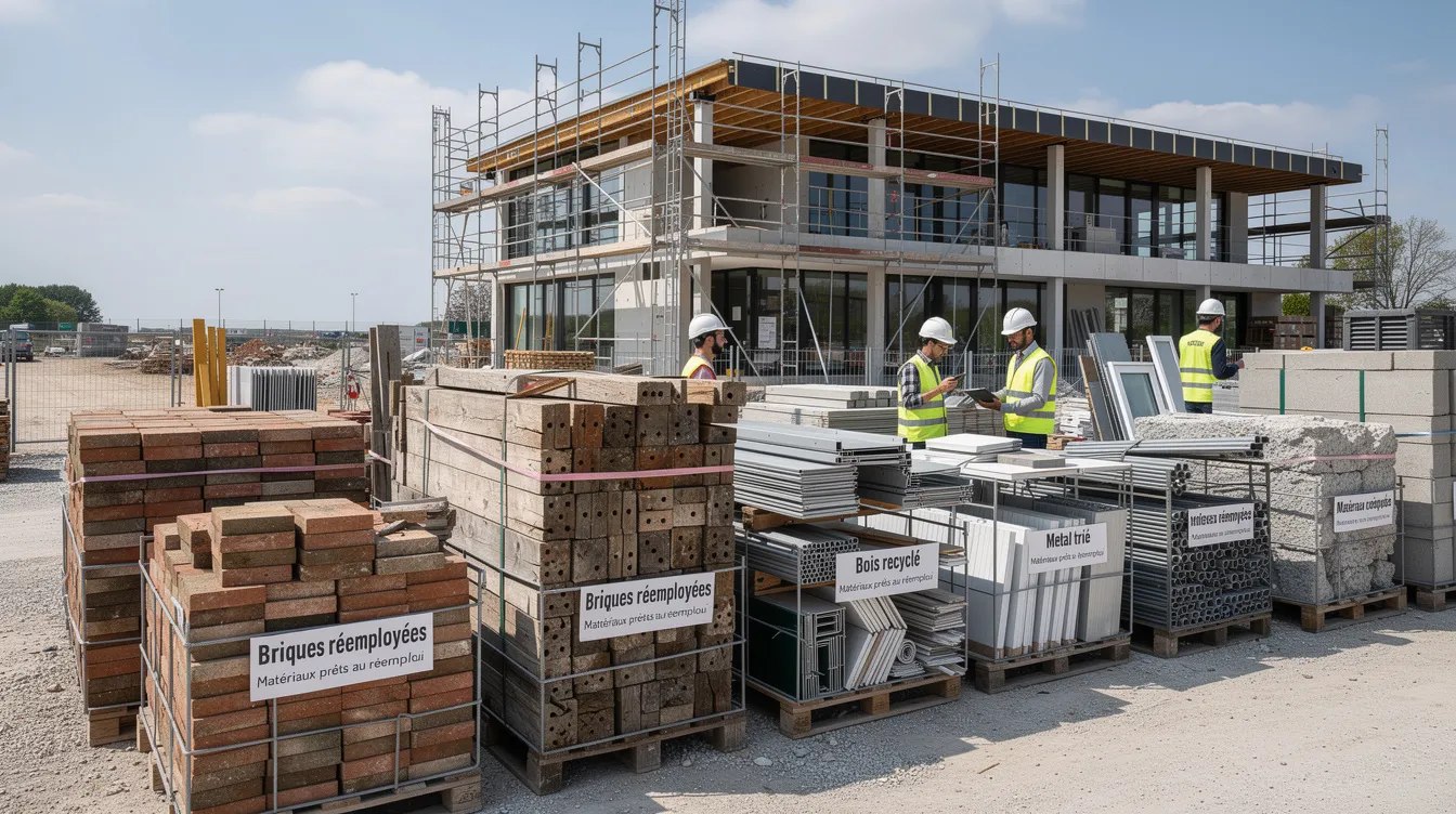 L'image montre des matériaux de construction recyclés et soigneusement triés, prêts à être réemployés sur un chantier moderne. Cette gestion des déchets contribue à la réduction du gaspillage et à la valorisation des ressources naturelles dans le secteur du bâtiment.