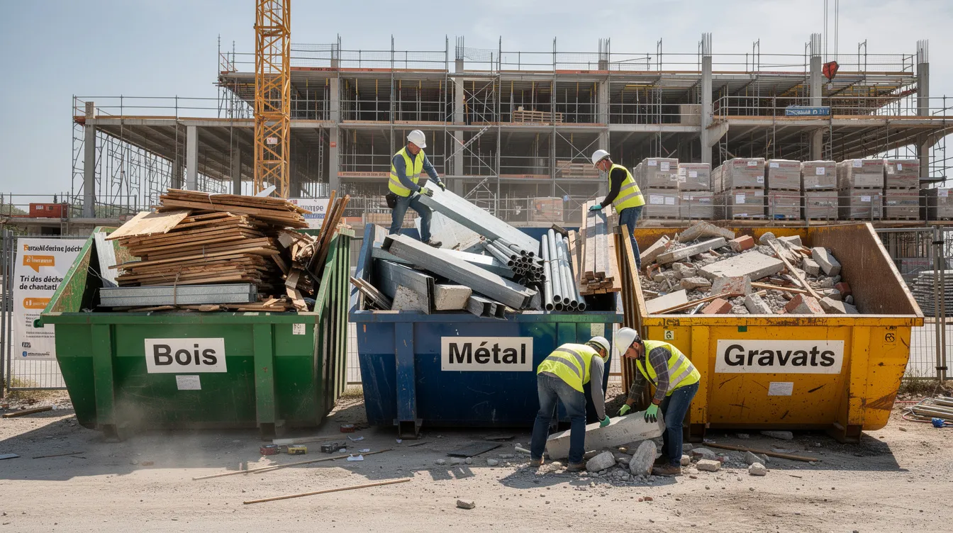 Des travailleurs sur un chantier trient soigneusement des matériaux de construction dans différentes bennes, illustrant l'importance de la gestion des déchets et du recyclage dans le secteur du bâtiment. Cette scène met en avant la nécessité d'une éco contribution pour les entreprises, notamment les TPE et PME, face aux enjeux de la réglementation sur les déchets.