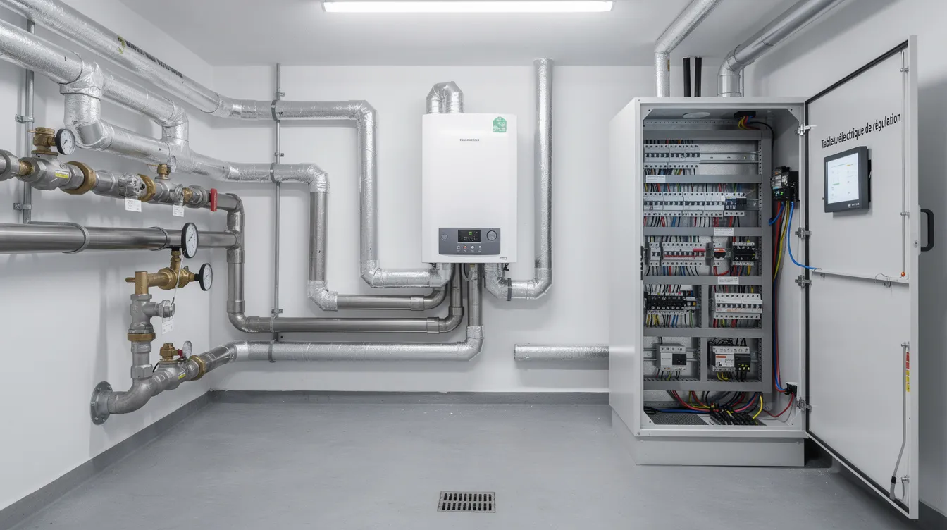 L'image montre l'intérieur d'un local technique, où l'on peut voir des tuyauteries complexes, une pompe à chaleur et un tableau électrique de régulation, éléments essentiels du système CVC (chauffage, ventilation et climatisation) pour assurer le confort et la qualité de l'air dans les bâtiments. Ces équipements jouent un rôle crucial dans l'optimisation de l'énergie et le bien-être des occupants.