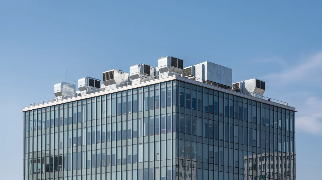L'image montre la vue extérieure d'un immeuble de bureaux moderne, avec des unités de climatisation installées sur le toit, sous un ciel bleu. Ce bâtiment intègre des systèmes de cvc pour assurer le confort et la qualité de l'air intérieur, répondant ainsi aux besoins des occupants.