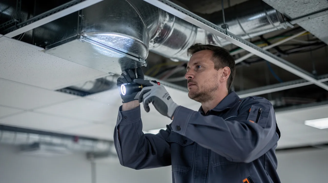 Un technicien en combinaison de travail inspecte de près des conduits de ventilation dans un faux plafond, vérifiant le bon fonctionnement des systèmes de chauffage, ventilation et climatisation (CVC) pour assurer une qualité de l'air optimale dans les bâtiments. Cette maintenance est essentielle pour garantir le confort et le bien-être des occupants.