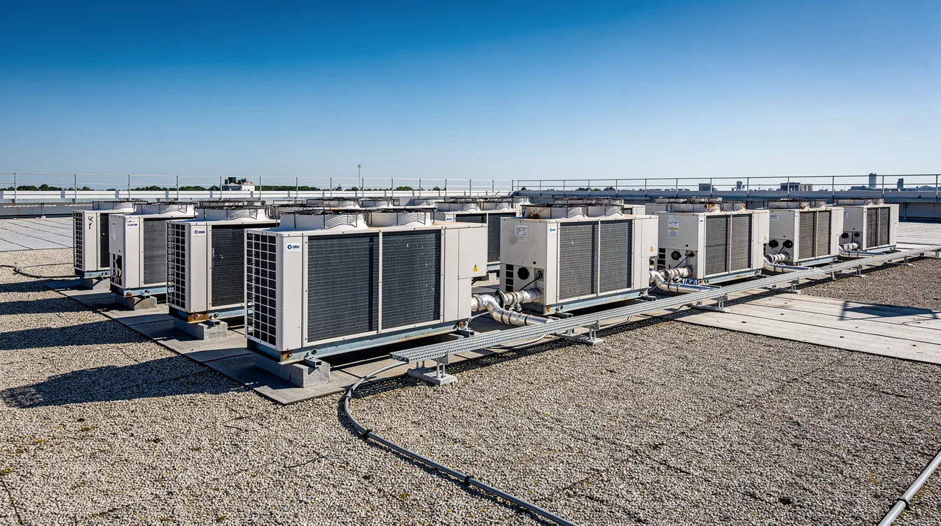 Des unités de refroidissement extérieures sont installées sur le toit plat d'un bâtiment industriel, sous un ciel dégagé. Ces systèmes de climatisation assurent le refroidissement des salles serveurs, garantissant ainsi le bon fonctionnement des équipements dans les centres de données.