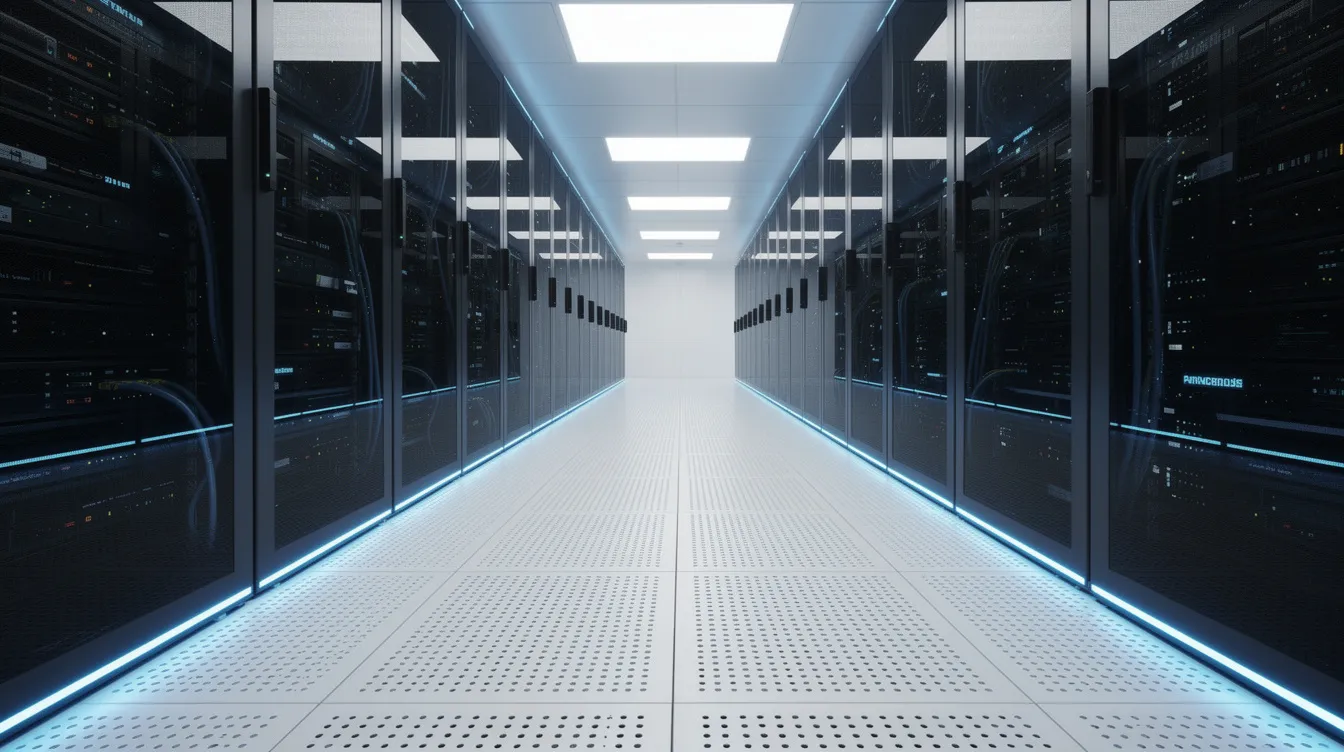 Une rangée de racks de serveurs est visible dans un data center moderne, avec une allée froide éclairée en bleu et un sol technique. Ce cadre met en avant les systèmes de climatisation et de refroidissement nécessaires pour maintenir une température optimale dans les salles serveurs.