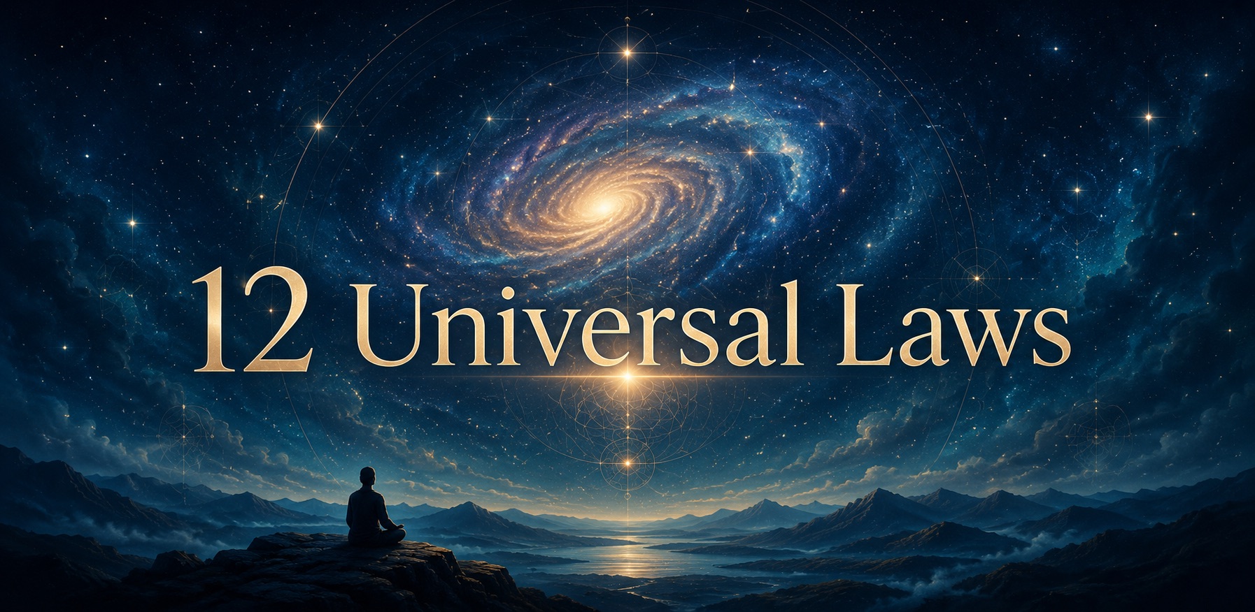 12 Universal Laws illustrated beneath a luminous galaxy