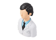 Isometric icon of a male doctor in a white coat with a blue shirt and black tie.
