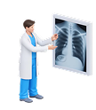 Doctor in a white coat examining a chest X-ray displayed on a lightbox.
