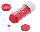 Red blood cells next to a transparent vial filled with red liquid and more cells inside.