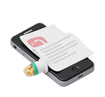Smartphone with a prescription paper and a pill bottle spilling capsules on top.
