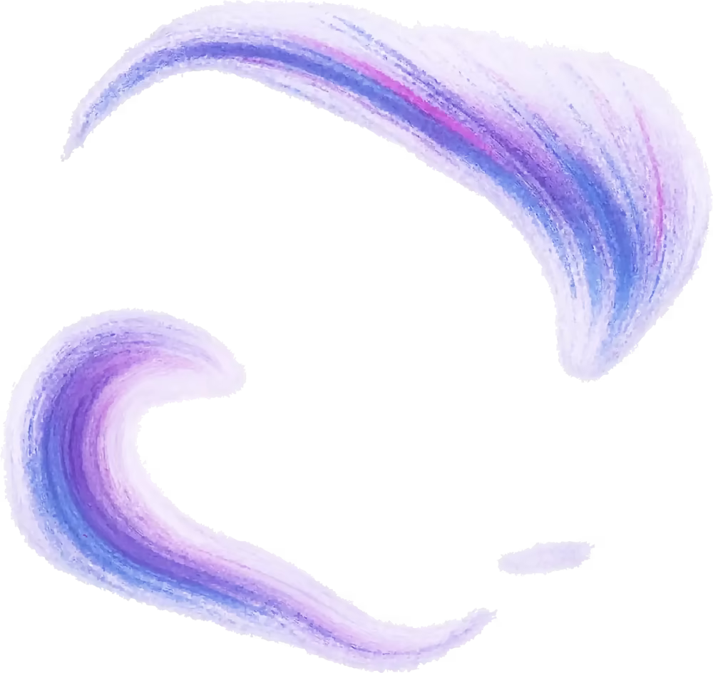 Abstract brush strokes in purple, blue, and pink hues on a transparent background forming curved shapes.
