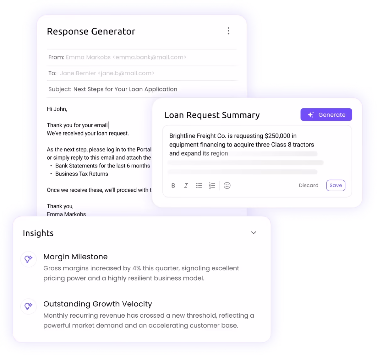 Composite image showing a response generator email draft thanking John for a loan request and requesting bank statements and tax returns, a loan request summary stating Brightline Freight Co. is requesting $250,000 for equipment financing to acquire three Class 8 tractors and expand its region, and business insights highlighting a 4% increase in gross margins signaling strong pricing power and a resilient model, plus outstanding growth velocity with monthly revenue crossing a new threshold.