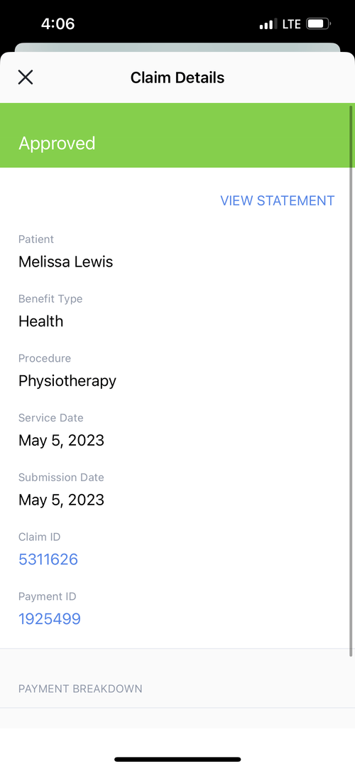 Image showing claim with a status of approved.