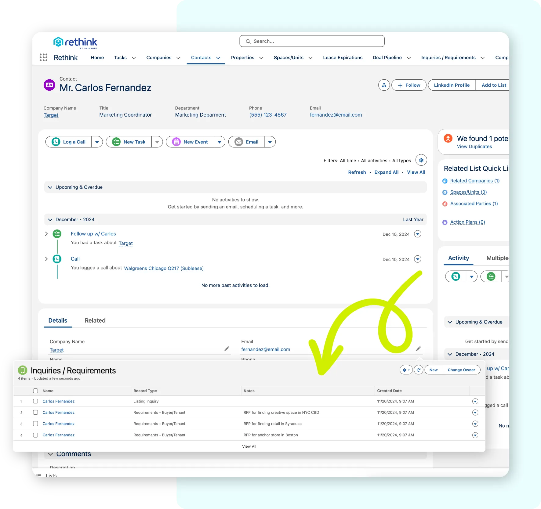 Screenshot of Rethink by Buildout's contact view. With detailed view of requirements pop-up