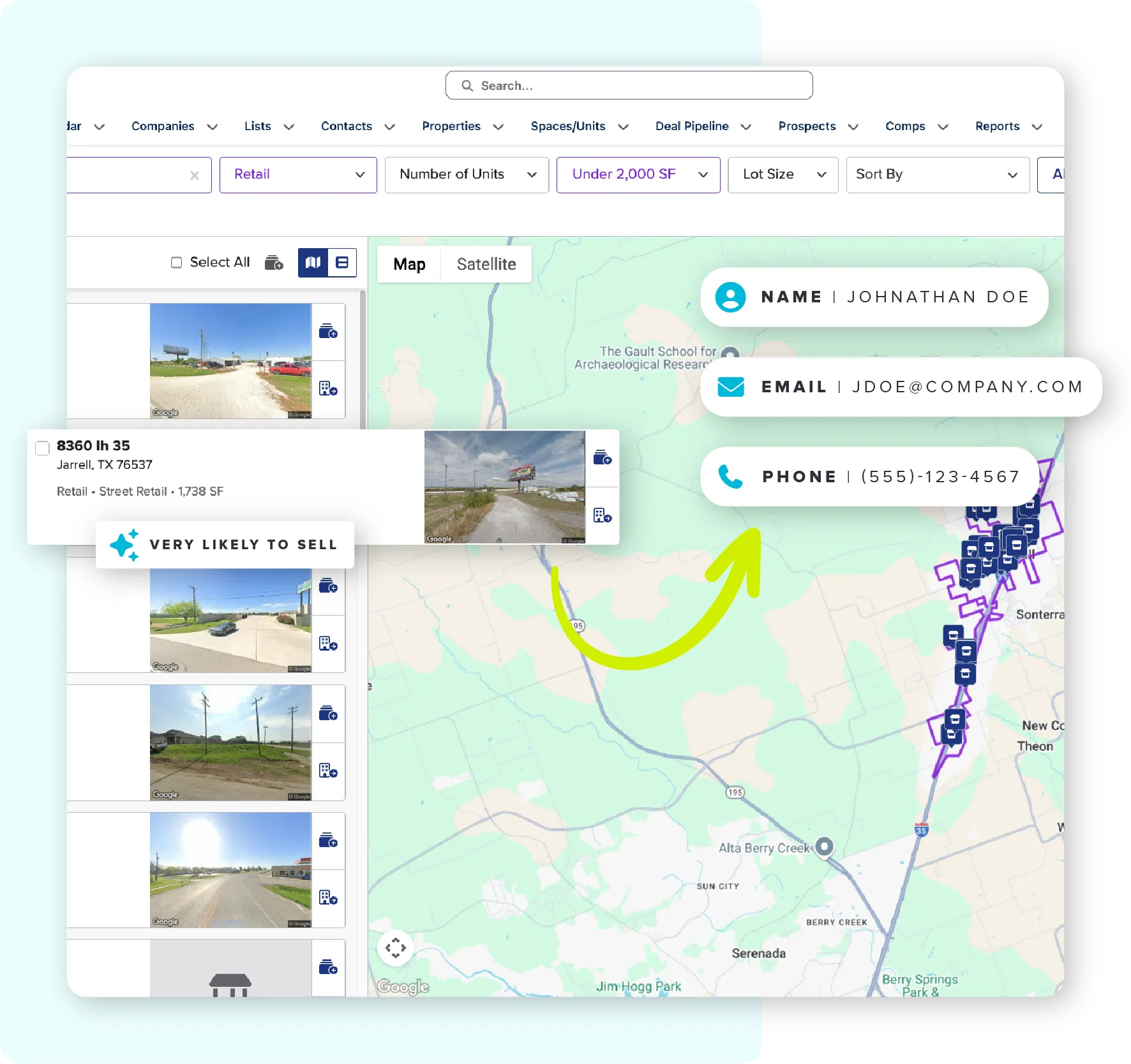 Screenshot of Rethink+ Map search with callouts for owner contacts and AI predictive analytics