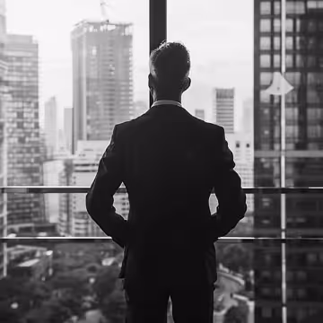 Business person looking out window thinking