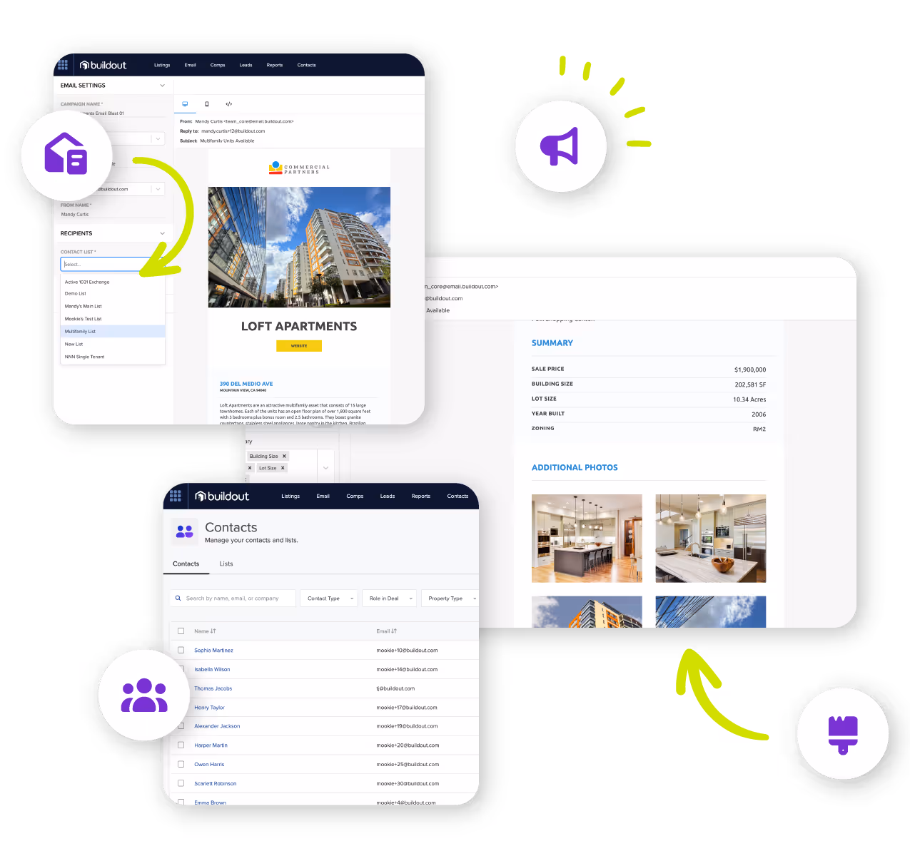 Screenshots of Buildout Showcase's Email Marketing Feature and Delivery Add-on