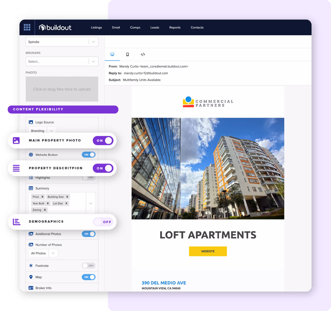 Screenshot of the email design editor with content and design controls