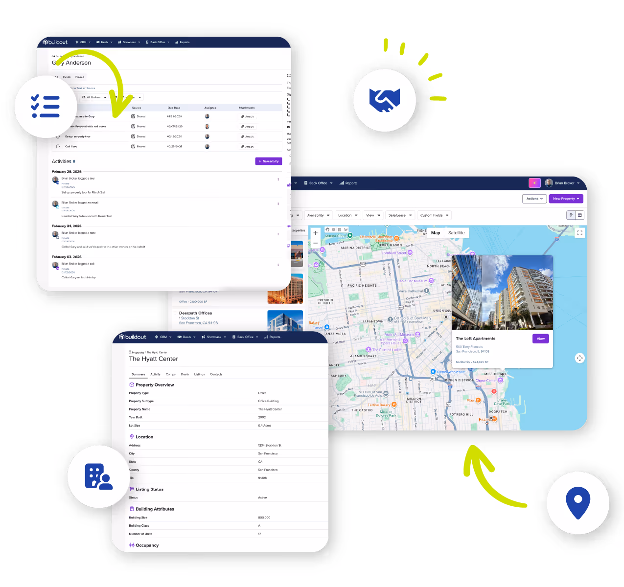 Collection of screenshots showing various Buildout CRM features