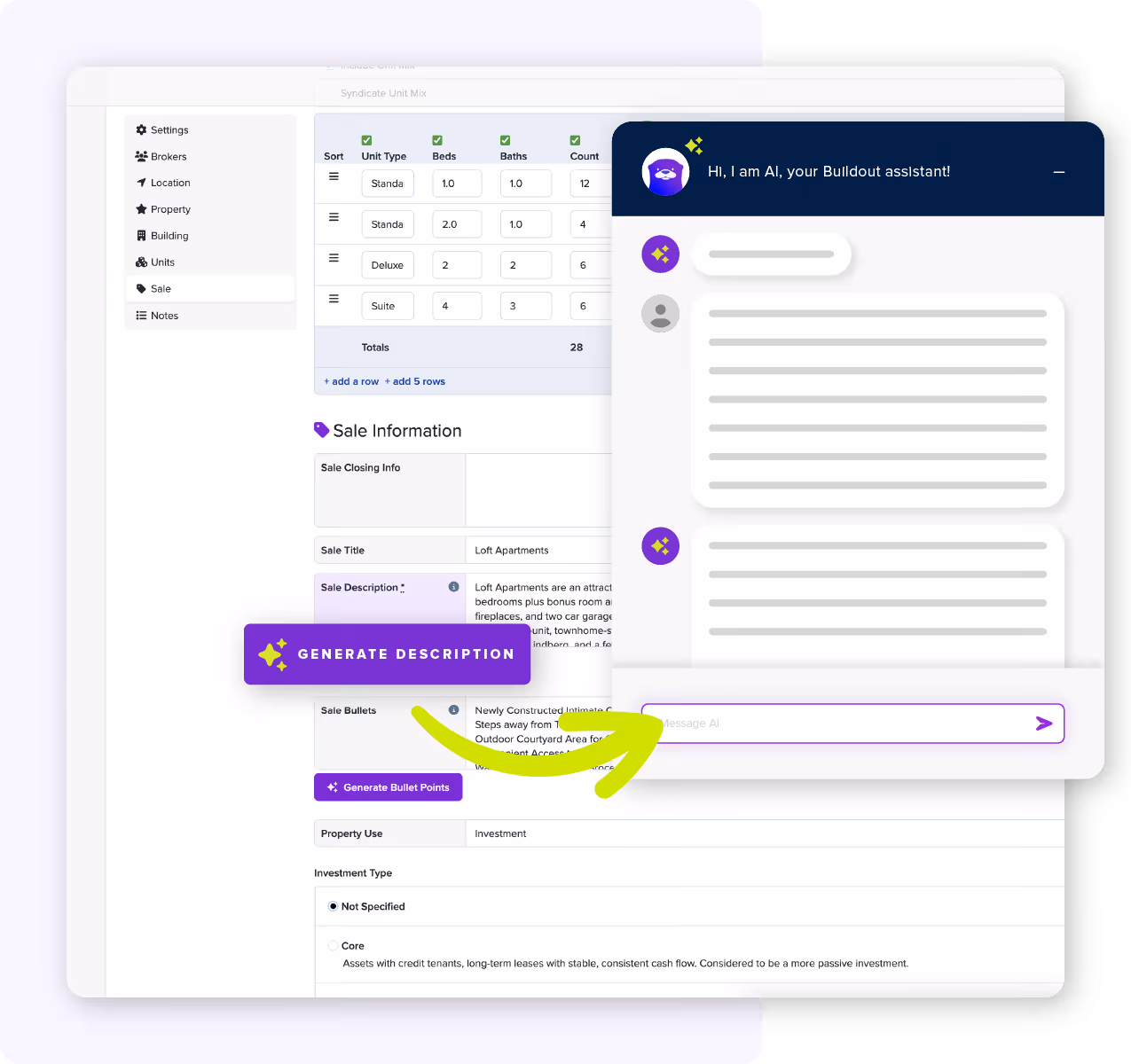 Screenshot and mock-up of the Showcase property edit form with an overlay showing AI functionality in detail