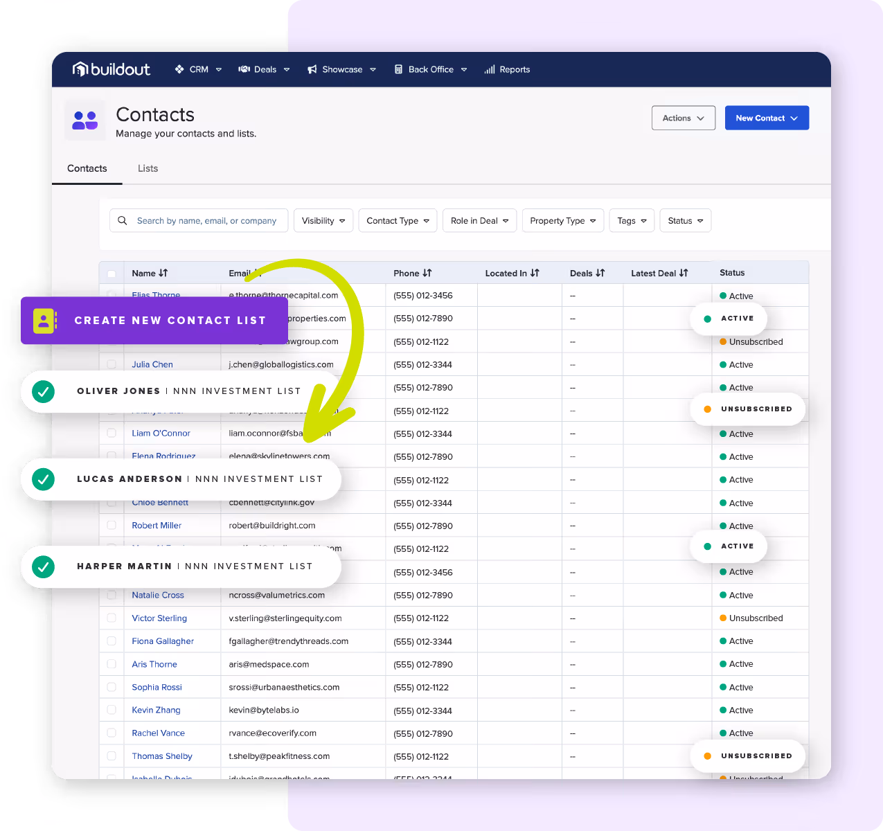 Screenshot showing the contact list and ability to track email contacts with the email marketing add-on to Showcase