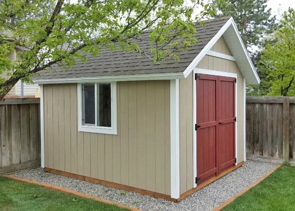 A 10 foot by 14 foot standard apex with an 8-12 custom roof pitch and 12 inch overhang