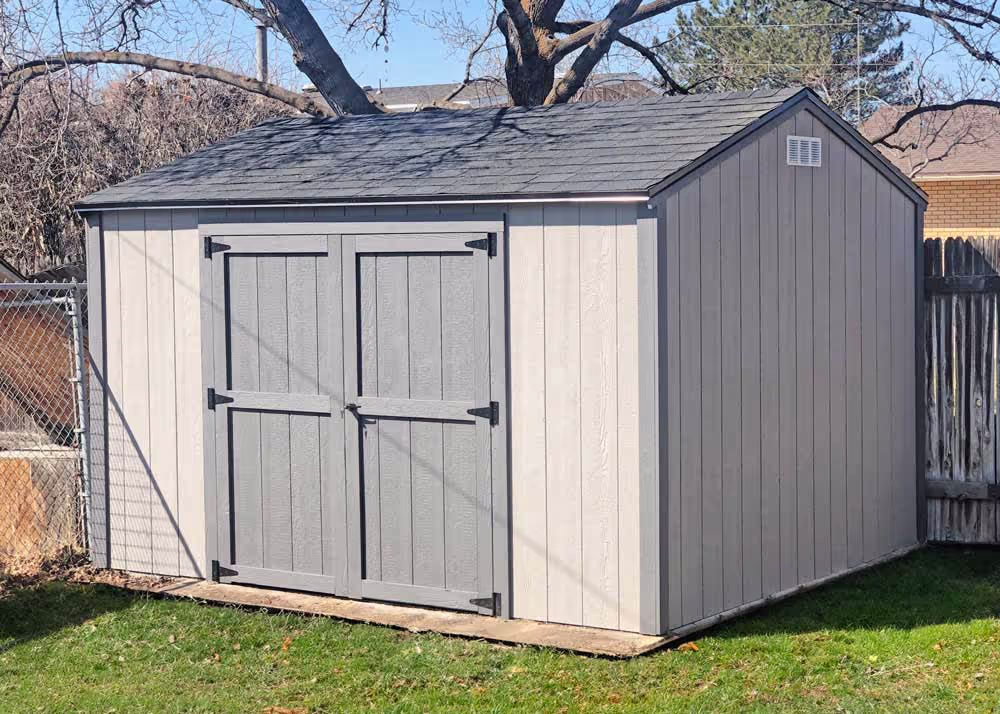 A 10 foot by 12 foot standard apex shed with double doors on the the side wall