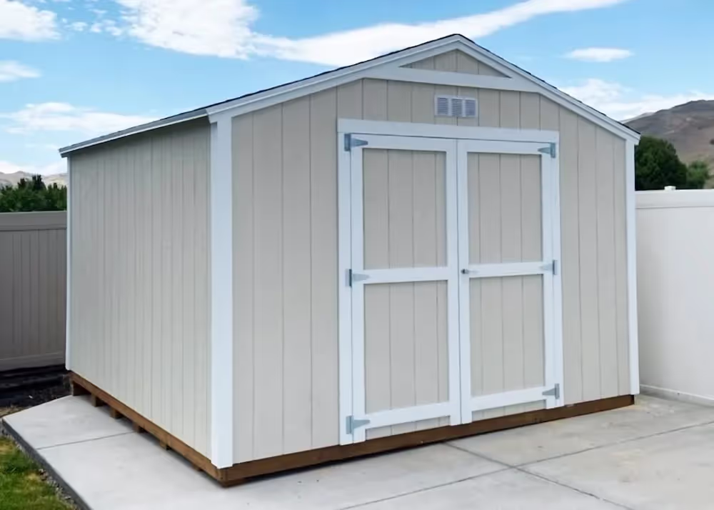 A basic 12 foot by 12 foot standard apex shed with a 6 foot wide double door