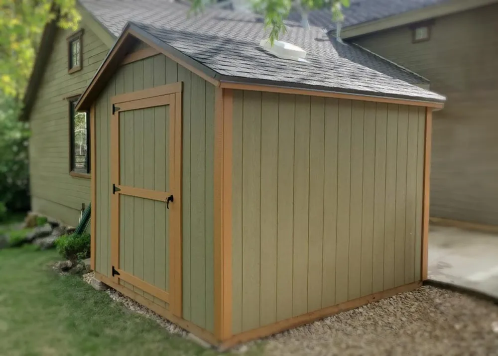 An 8 foot by 10 foot standard apex shed with 6" overhang and a 6-12 roof pitch