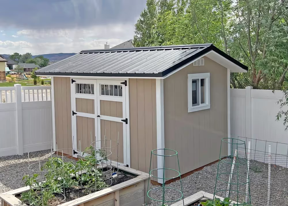An 8 by 12 Standard apex shed with metal roof and transom windows in a 6 foot wide double door