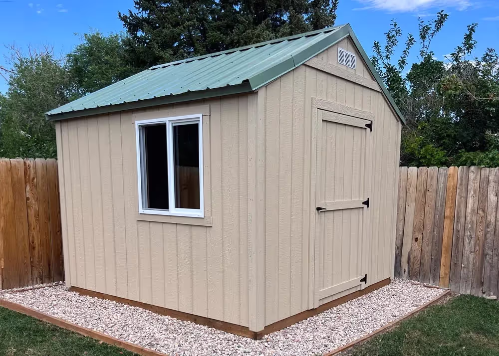 A 10 by 10 standard apex shed with a 6-12 pitch and a metal roof