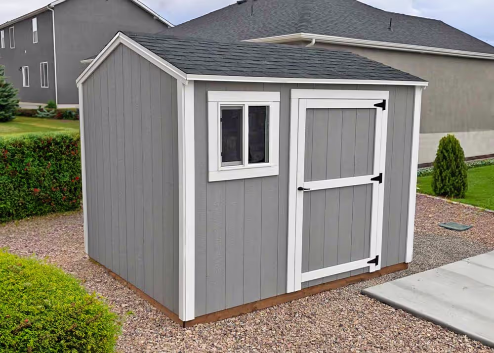 A basic 8 foot by 10 foot standard apex with the door on the side wall and a 2x2 window