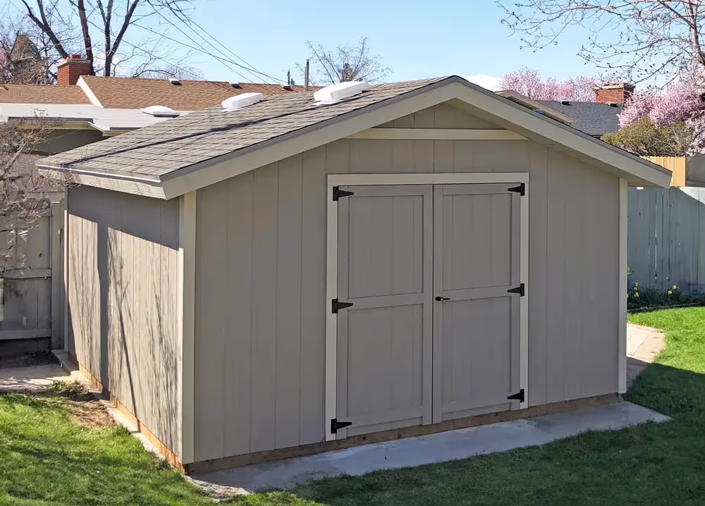 A 14 foot by 14 foot standard apex storage shed with a 12 inch roof overhang