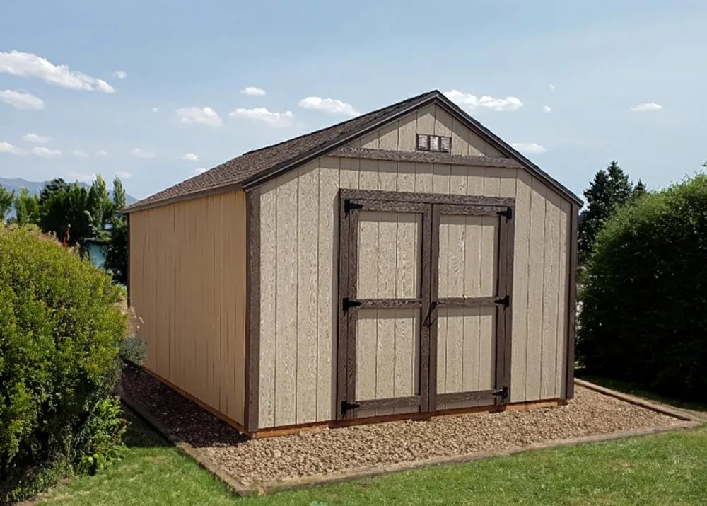 A 12 foot by 16 foot standard apex shed with a custom 6-12 roof pitch and standard roof overhang