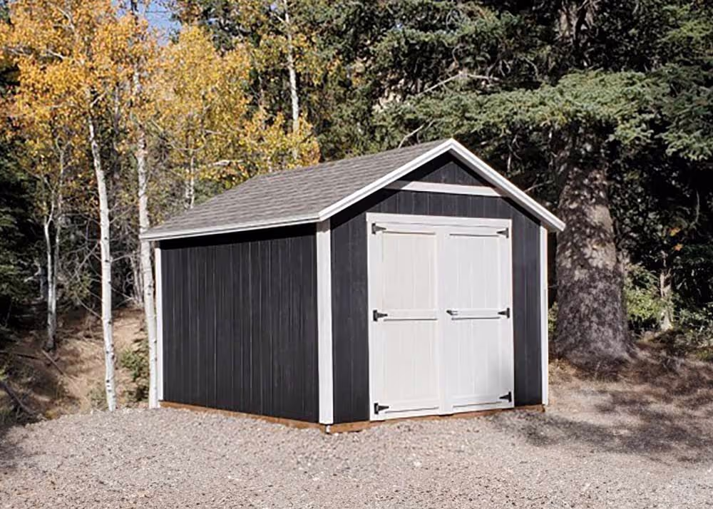A 10 foot by 12 foot standard apex storage shed with 6-12 pitch and 6" roof overhang
