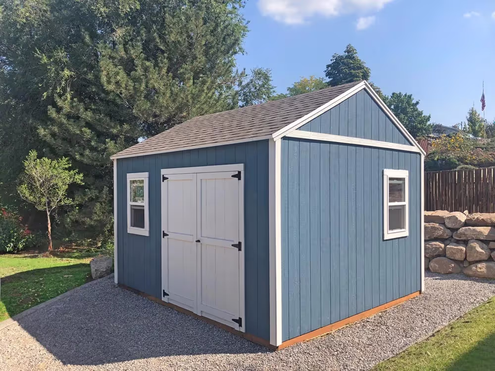 A 10 foot by 12 foot tall apex with a 6-12 roof pitch a 6 foot double door and more...