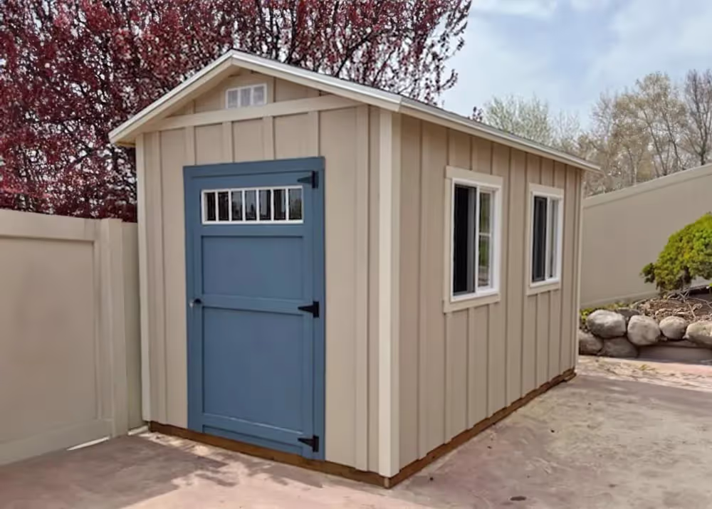 An 8 foot by 16 foot tall apex shed with board and batten siding and other options