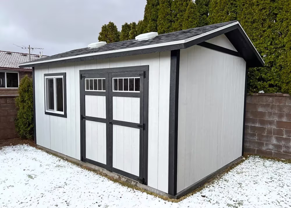 A 10 foot by 16 foot tall apex with transom windows in the double doors