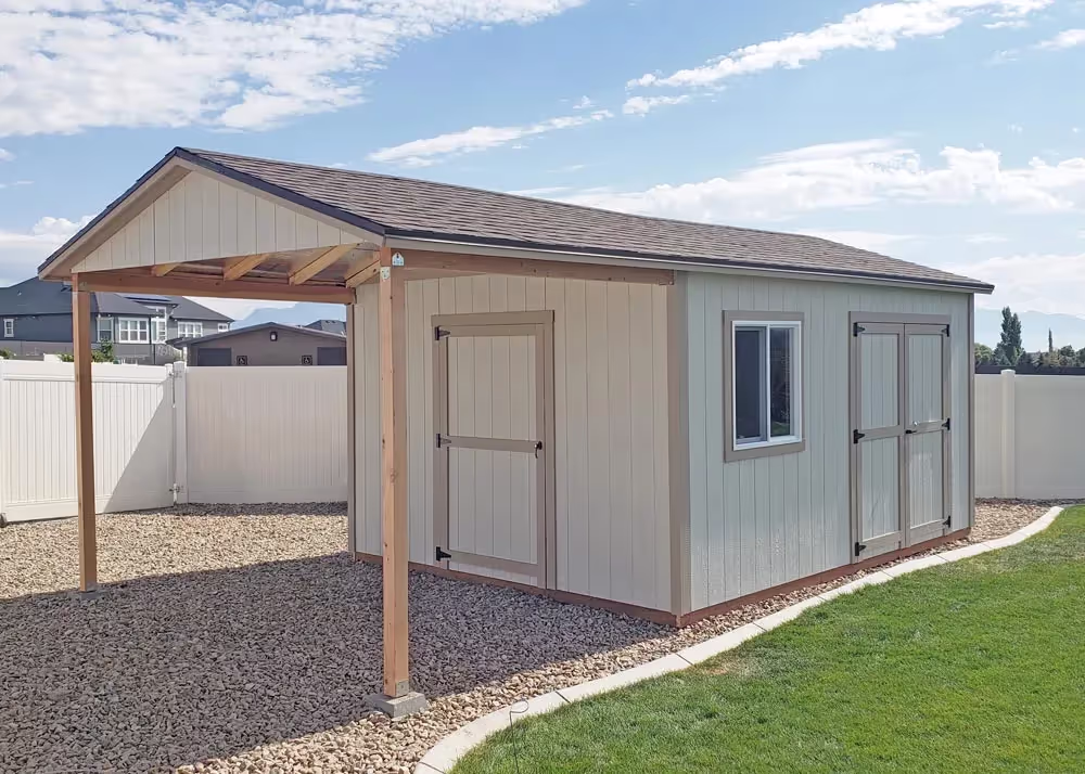 A 12' x 16' Tall Apex Shed with a large roof extension
